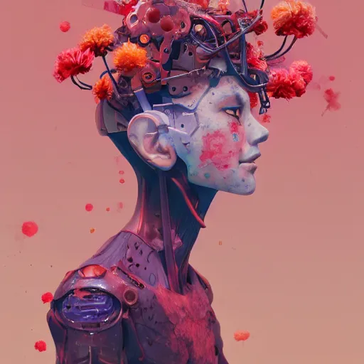 Image similar to surreal gouache painting, by yoshitaka amano, by ruan jia, by conrad roset, by kilian eng, by good smile company, detailed anime 3 d render of a mechanical android head with flowers growing out, portrait, cgsociety, artstation, modular patterned mechanical costume and headpiece, retrowave atmosphere