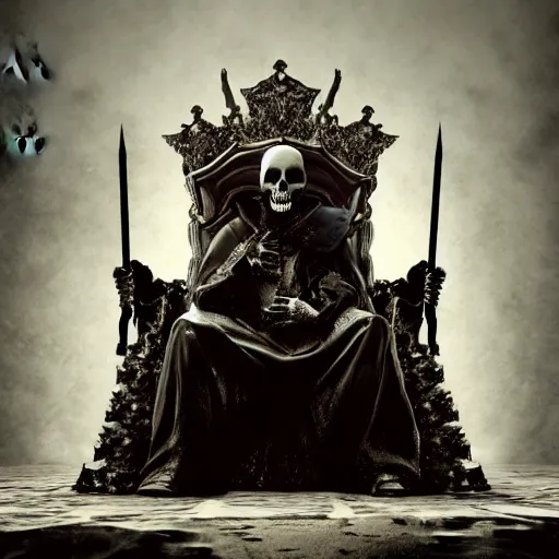 Image similar to the king of death, sitting on throne, shadows, hyperrealistic, dead bodies in the background, high resolution, 8 k, dramatic lighting, holding a skull