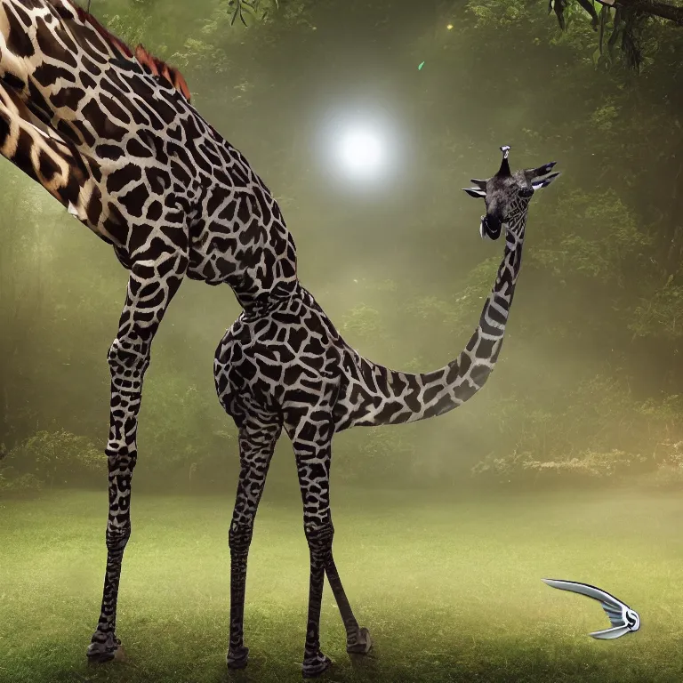 Prompt: a bird giraffe with long spiked wings, jaguar legs and a latex costume , cinematic lighting, photorealistic image, 8k, ultra detailed, high resolution,