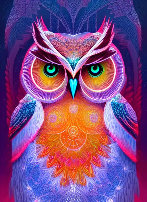 Image similar to symmetry!! product render poster vivid colors divine proportion owl, ice and snow, glowing fog intricate, elegant, highly detailed, digital painting, artstation, concept art, smooth, sharp focus, illustration,