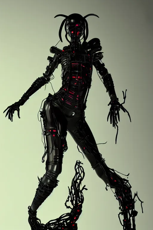 Image similar to full-body cyberpunk style sculpture of a young beautiful dark priestess, half android with a head opening exposing circuitry, glowing red eyes, black roses, flowing blood-red colored silk, fabric, candles, baroque elements, human skull, full-length view. baroque element, intricate artwork by Caravaggio. crows flying in background. Trending on artstation. octane render, cinematic lighting from the right, hyper realism, octane render, 8k, depth of field, 3D