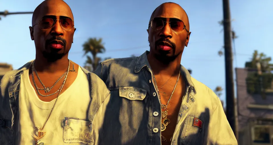 Prompt: 2Pac in GTA V, cover art by Stephen Bliss, no text, Ultra detailed, hyper realistic 4k