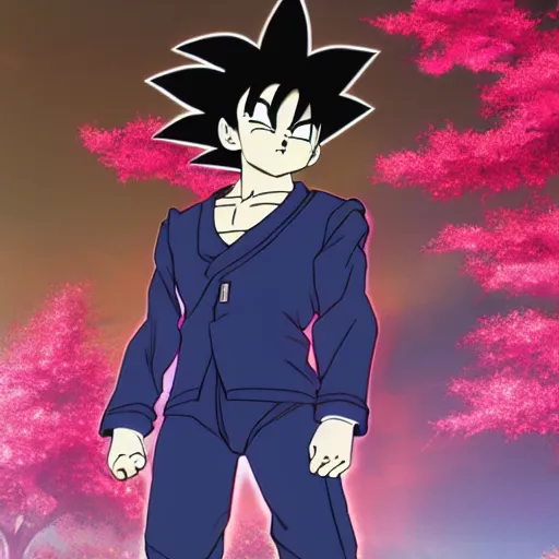 Image similar to highly detailed photo of goku wearing tuxedo standing in front of sakura trees, anime concept art, highly detailed, 8 k