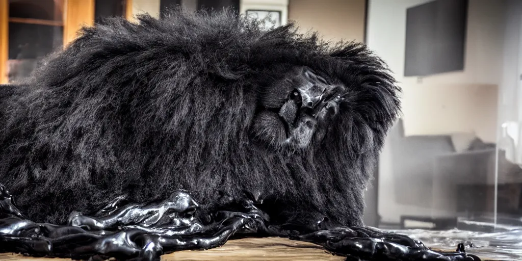 Image similar to the smooth black lion, made of smooth black goo, laying on the couch in the living room after bathing in the ferrofluid, viscous, sticky, full of tar, covered with black goo. photography, dslr, reflections, black goo