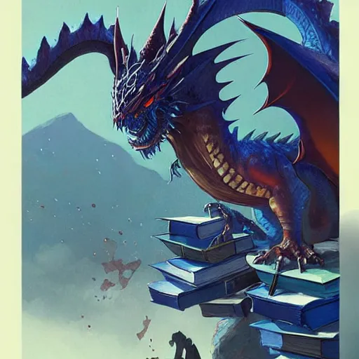 Image similar to blue dragon sitting on a hoard of books, fantasy, dnd, art by greg rutkowski