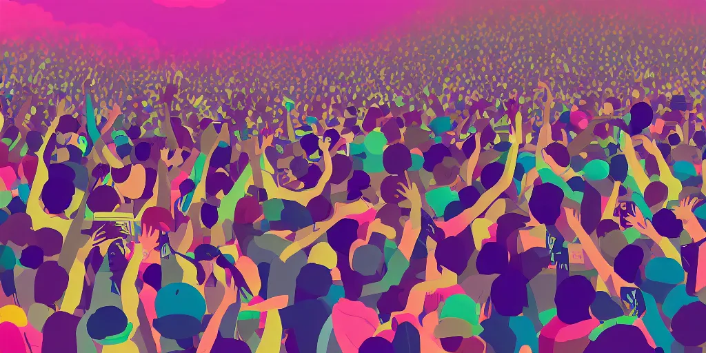 Image similar to rapper leaning over huge crowd reaching up to him, digital art, vapor wave, hip hop, colorful, trending on Artstation, professional artist, detailed, 4k