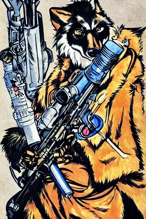 Image similar to beautiful professional art of a portrait an anthropomorphic wolf anthro furry fursona, wearing space mercenary uniform, heroic, 8 0 s comic art by jack kirby