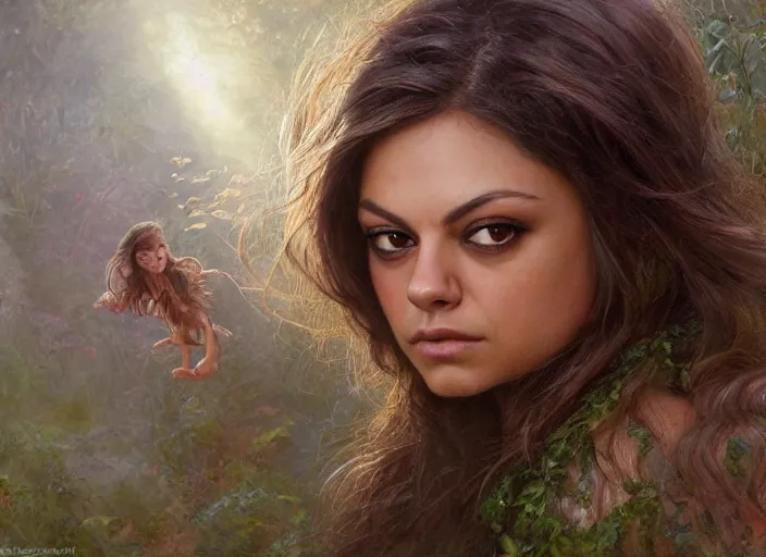 Image similar to Mila Kunis staring into the camera, misty wisps, Lilia Alvarado, Sophie Anderson, Mark Arian, Bob Byerley, Charlie Bowater, Mark Brooks, Steve Henderson, Justin Gerard, Arthur Hughes, Edward Robert Hughes, Mark Keathley, Victor Nizovtsev, Carlos Shwabe, Ross Tran, WLOP