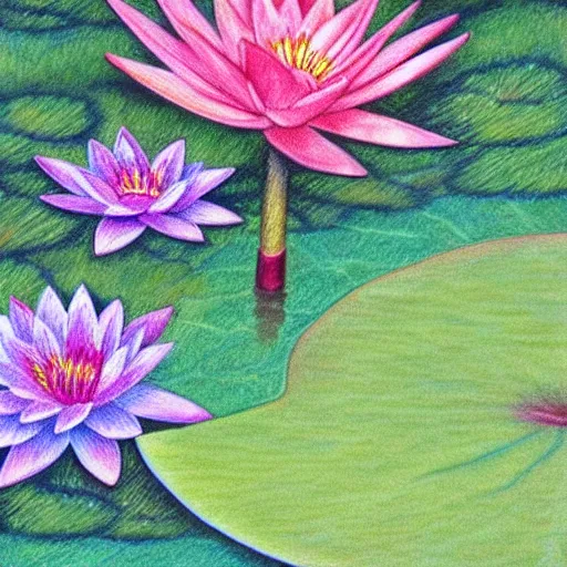 Prompt: a color pencil painting of a waterlily, floral painting, textile