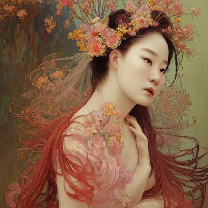 Image similar to A portrait of The bride in a Chinese wedding by Ross Tran!!! and alphonse mucha and greg rutkowski! and Gustave Doré!! and Zdzisław Beksiński!,In style of Impressionism.Symmetry.Highly detailed face.Fantasy,smooth,hyper detailed,sharp focus,Soft light.trending on artstation.oil on canvas