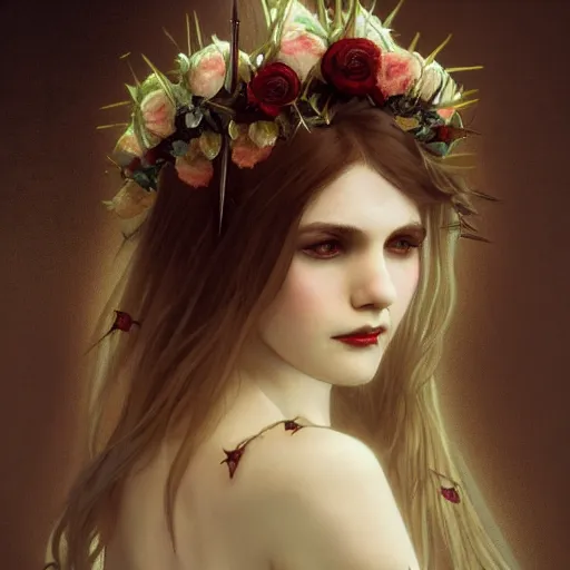 Prompt: portrait of beautiful vampire, flower crown, thorn everywhere, headshot, pale skin, 4k, rule of thirds, extreme detail, detailed drawing, trending artstation, hd, fantasy, D&D, realistic lighting, by Alphonse Mucha, Greg Rutkowski, sharp focus, backlit