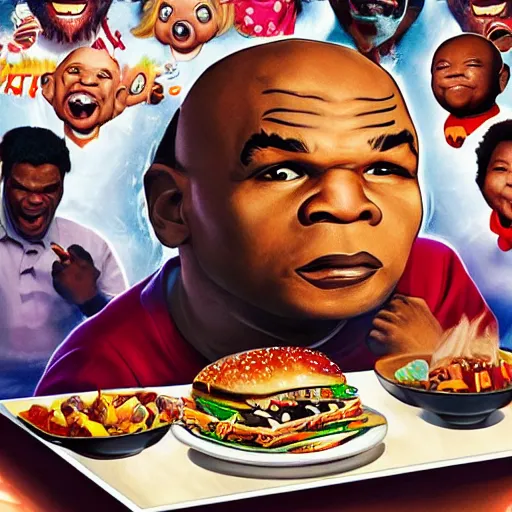 Image similar to mike tyson mukbang, hyperrealistic, garbage pail kids