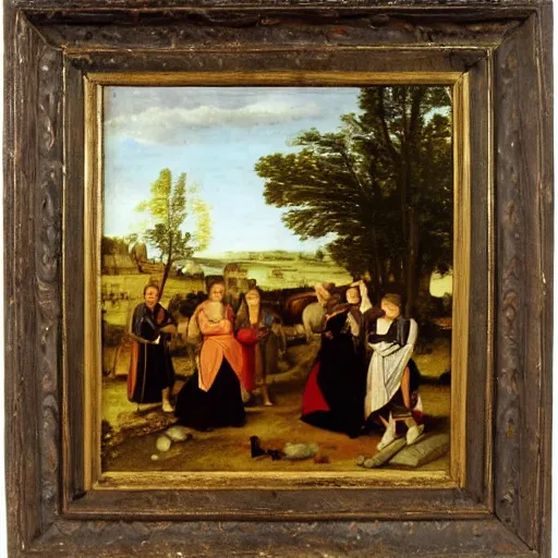 Image similar to feudal serfs sorting through recycling, pastoral scene, renaissance oil painting old master