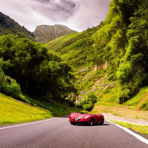 Prompt: red barchetta driving up a mountain with trees on both sides of the road, cinematic, beautiful