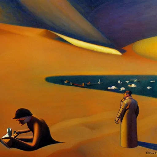 Prompt: refuge on arrakis, pj crook, grant wood, edward hopper, syd mead, chiaroscuro, oil on canvas