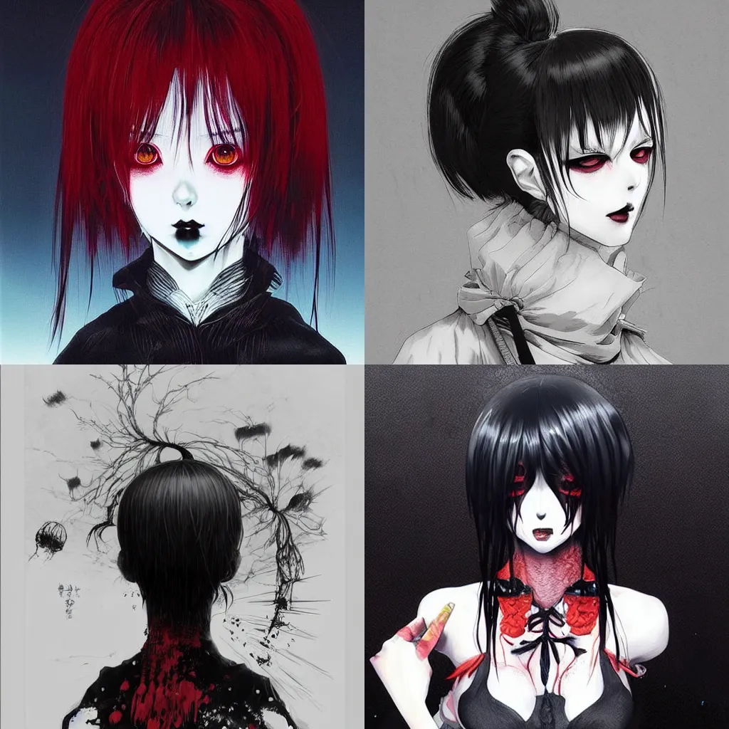 Prompt: beautiful! coherent! detailed! expert! professional manga seinen portrait art of a goth clowngirl, painted by ilya kuvshinov!!! and designed by tsutomu nihei and zdzislaw beksinski