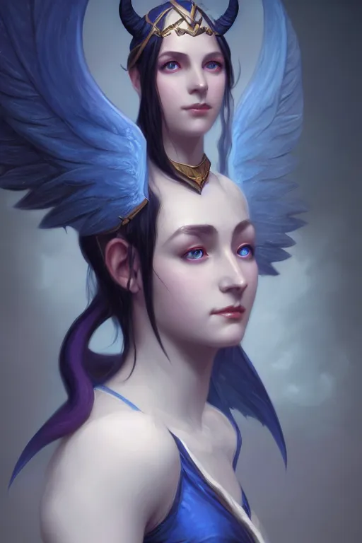 Image similar to a portrait of a Tiefling with blue skin and wings , illustration, soft lighting, soft details, painting oil on canvas by Edmund Blair Leighton and Charlie Bowater octane render trending on artstation d&d characters, 4k, 8k, HD