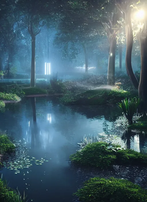 Image similar to photography at night of an ethereal pond, a central sunlight glare, mystical lights, cyber futuristic lights, masterpiece, epic, cinematic, hyperealistic, high detailed, corona render, hdr, ray tracing