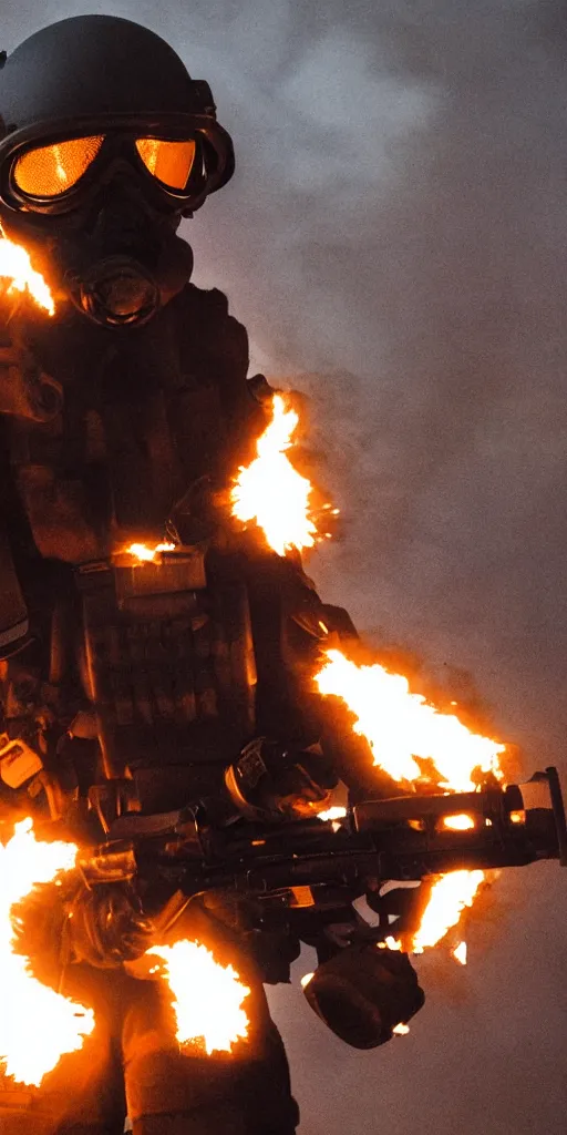 Image similar to portrait of a burning swat agent with a tactical helmet and goggles holding a machine gun, flames, at night, mid shot, editorial photography