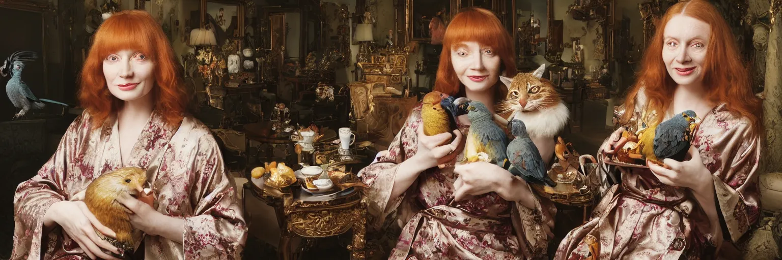 Image similar to a stunning hyper-detailed photorealistic painting of only one slender beautiful smiling woman with long ginger hair and bangs, wearing a luxurious silk robe, wearing headphones and posing with her large ginger tabby cat and her raccoon and parrots in an overstuffed easy chair in her sunlit victorian living room, holding a porcelain parrot-shaped coffee mug and a donut, perfect eyes, fashion photography, cinematic lighting, octane render, IBEX Masters, unreal engine, 85 mm lens,