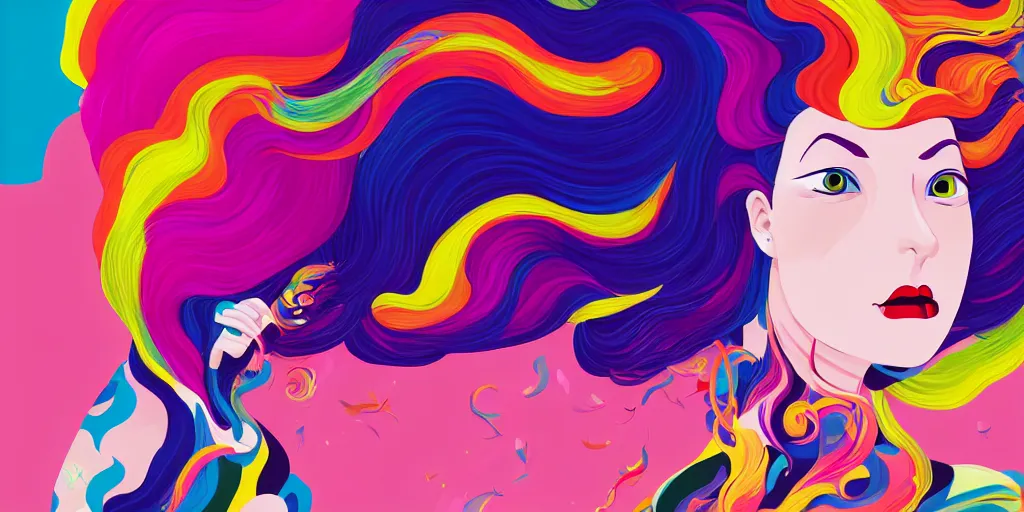 Image similar to a digital painting of a woman with colorful hair, a pop art painting by tomokazu matsuyama, behance contest winner, psychedelic art, psychedelic, 2 d, digital illustration, trending on artstation, anime stylized, accurate fictional proportions, high delicate defined details, ethereal lighting