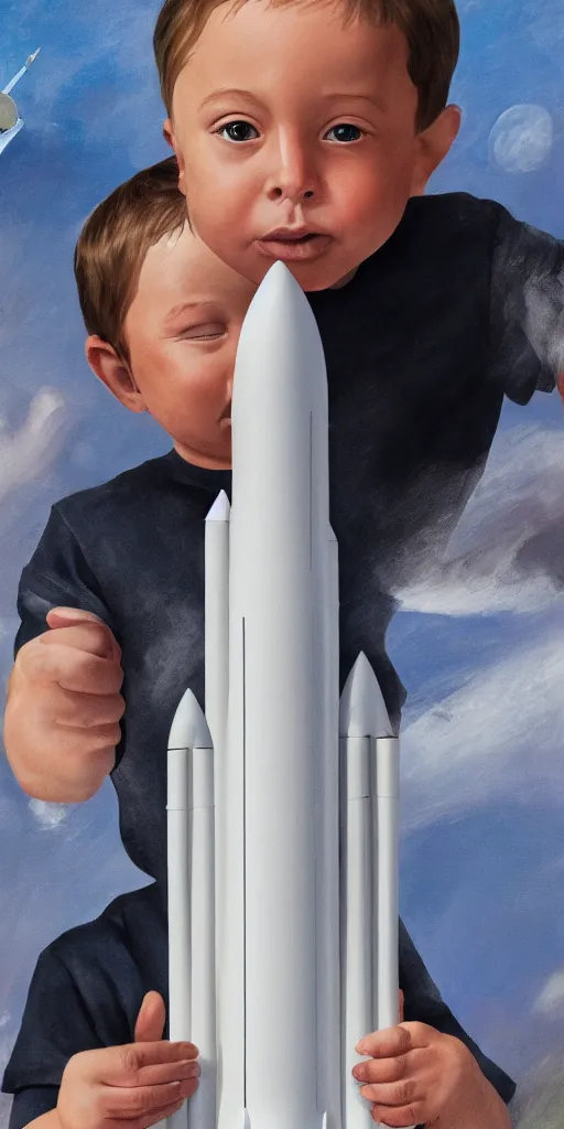 Image similar to the child of elon musk and a Rocket, hyperrealistic, high Detail, best Shadow quality