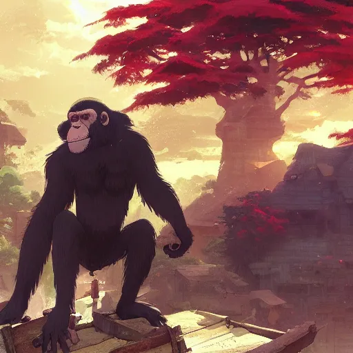 Prompt: carpenter ape in his workshop, landscape illustration concept art anime key visual trending pixiv fanbox by wlop and greg rutkowski and makoto shinkai and studio ghibli and kyoto animation