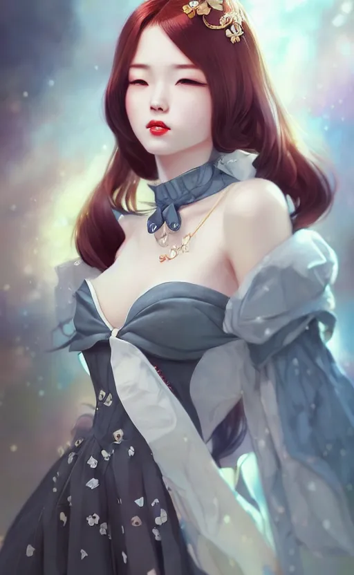 Image similar to a pin up and beautiful fashion charming dreamlke korea girl with lv jewelry, character art, art by artgerm lau and kyoung hwan kim and and ilya kuvshinov and john singer sargent, hyperdetailed, 8 k realistic, symmetrical, frostbite 3 engine, cryengine, dof, trending on artstation, digital art