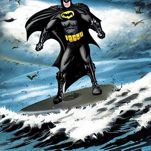 Prompt: Batman surfing on top of a tsunami, photorealistic