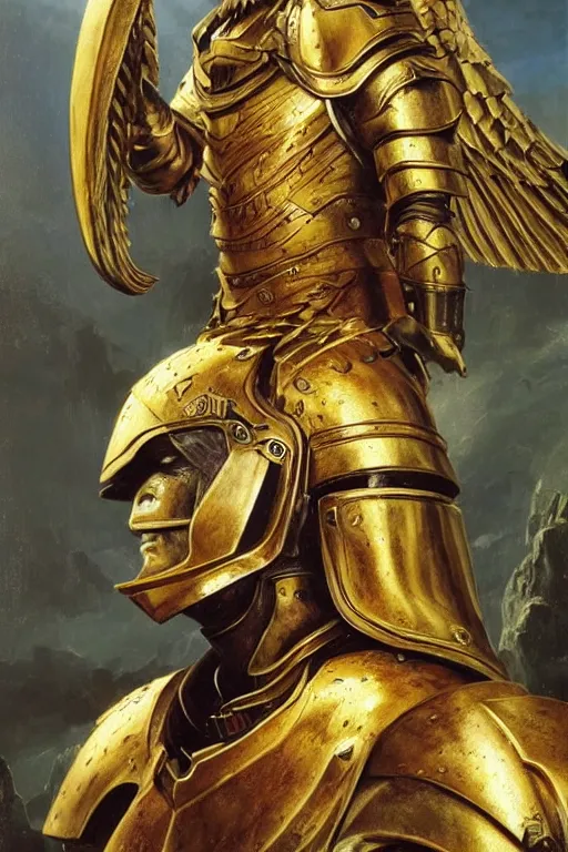 Image similar to a beautiful valkyrie , half body portrait, ginger hair, heavy gold armour, realistic oil painting by Thomas Cole and Wayne Barlowe and Boris Valejo