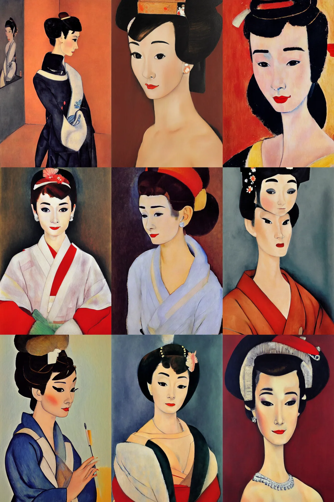 Prompt: an oil painting of audrey hepburn as japaness maiko by Modigliani, super detailed, hd, 4k