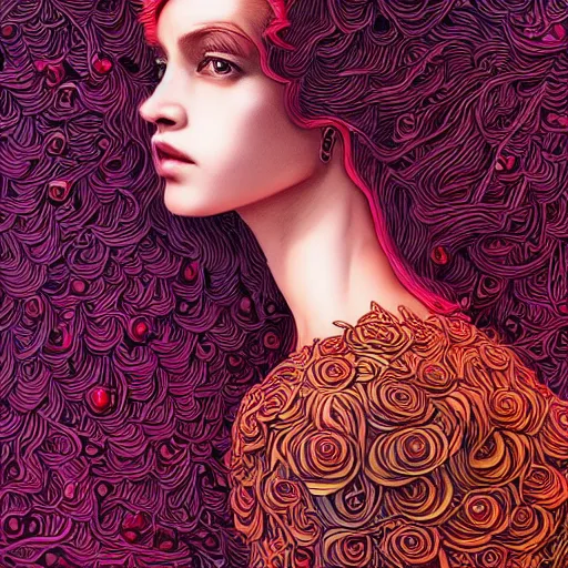 Image similar to the portrait of an incredibly beautiful woman partially made of onions and cherries, an ultrafine detailed illustration by james jean, final fantasy, intricate linework, bright colors, behance contest winner, vanitas, angular, altermodern, unreal engine 5 highly rendered, global illumination, radiant light, detailed and intricate environment