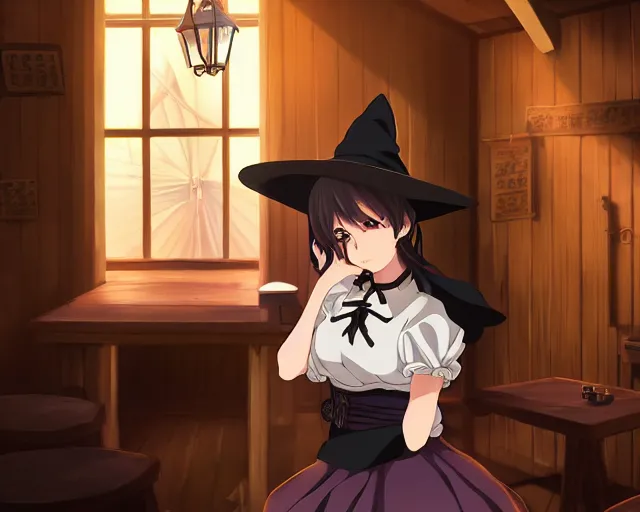 Image similar to key anime visual portrait of a young female witch in a tavern interior, dynamic pose, dynamic perspective, cinematic, dramatic lighting, muted colors, fine detail, textured