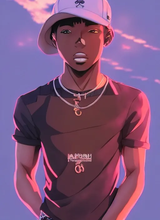 Image similar to confident hip hop young black man, looking down at the camera, anime style, scenery wallpaper aesthetic, pastel colors, symmetrical face, cinematic, dramatic, super detailed and intricate, hyper realistic, 4 k render, by artgerm, by kyoung hwan kim, by ralph mcquarrie, by yoshiyuki tomino