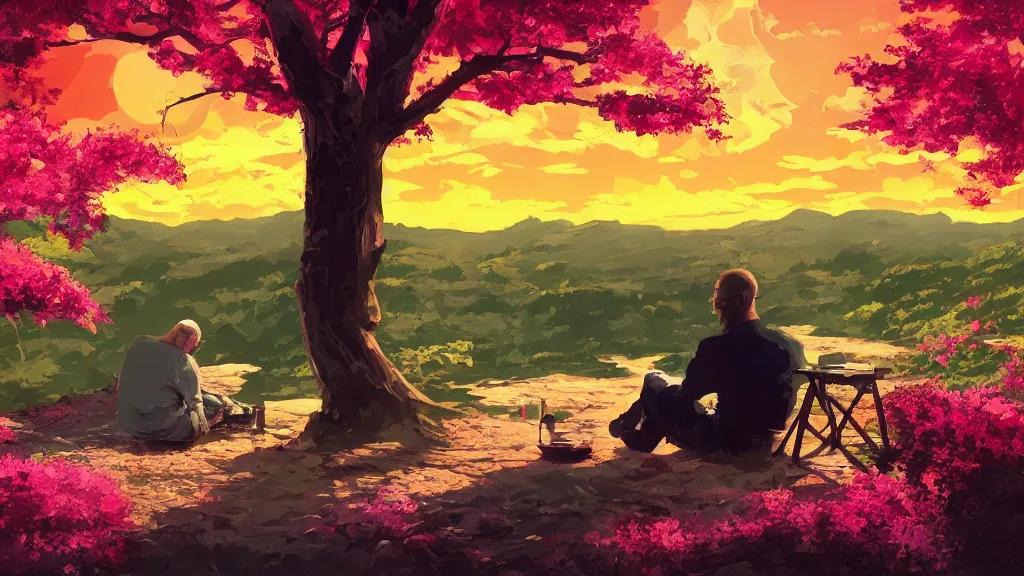 Image similar to featured on artstation walter white sitting under a cherry tree overlooking valley waterfall sunset beautiful image stylized digital art