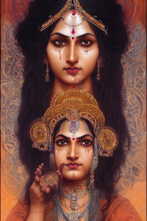 Image similar to Portrait of beautiful indian Kali goddess, cinematic lighting, intricate, elegant, highly detailed, digital painting, artstation, smooth, sharp focus, illustration, art by artgerm and greg rutkowski and zdislav beksinski and alphonse mucha and Wayne Barlowe and william-adolphe bouguereau