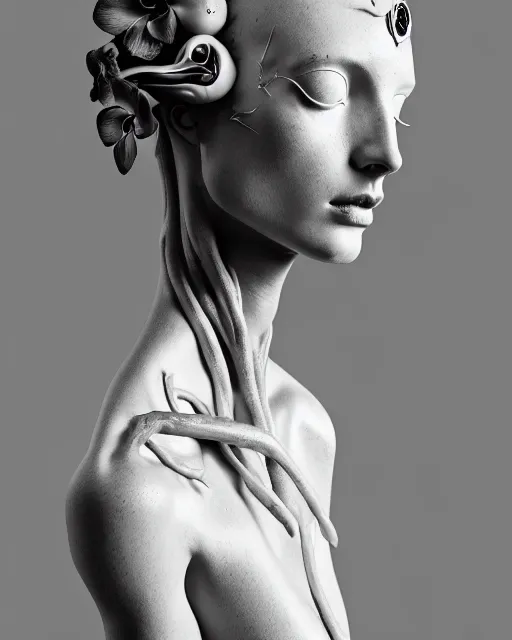 Prompt: surreal mythical dreamy dark artistic black and white fine art photo of a monumental white marble sculpture of a silver cyborg female with orchid - bird head and a luminous brain, rim light, cinematic, studio dramatic light, poetic, octane render, 8 k, photo - realistic