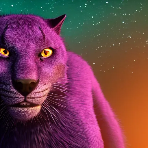 Image similar to closeup of a purple panther roaring at the moon. forest. night. large moon in the center. trending on artstation. cinematic. photoreal. dark colors.