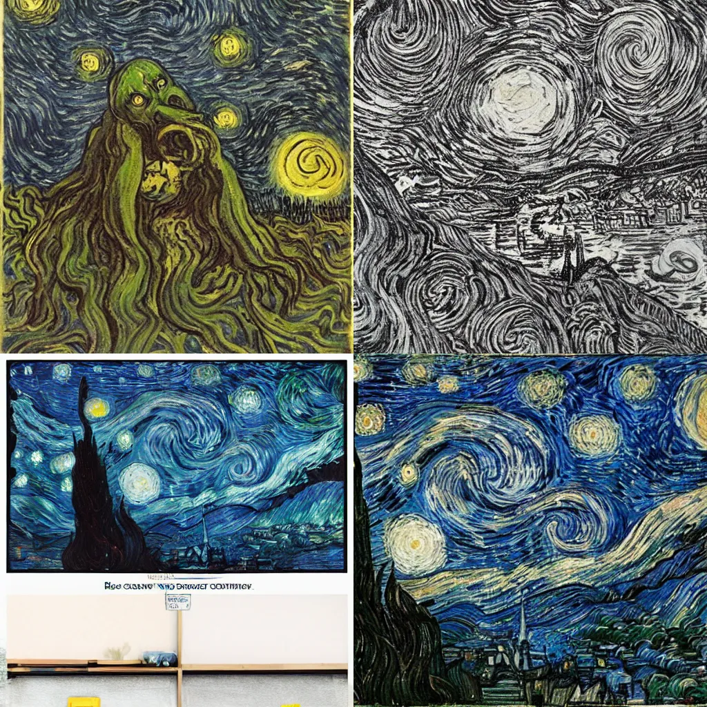 Prompt: Cthulhu coming from the night sky of a city by Van Gogh, dark lighting