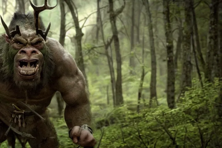 Image similar to vfx movie closeup detailed ancient warrior orc hunting elk in the forest, natural lighting by emmanuel lubezki