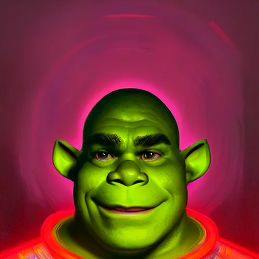 Image similar to neon portrait of shrek, highly detailed, digital painting, artstation, concept art, sharp focus, illustration, art by greg rutkowski and alphonse mucha