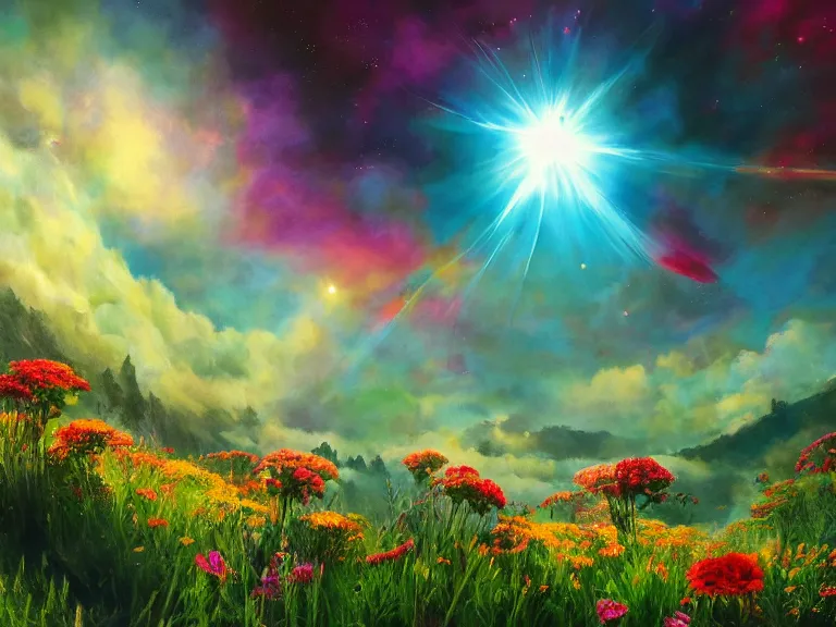 Image similar to a fine fantastic realist comic book style painting of a glorious place where the heavens open to the great cosmos, where flowers are launched into the unknown 8 k, ultra realistic, lens flare, atmosphere, glow, detailed, intricate, full of colour, cinematic lighting, trending on artstation, 4 k, hyperrealistic, focused, extreme details, unreal engine 5, cinematic, masterpiece