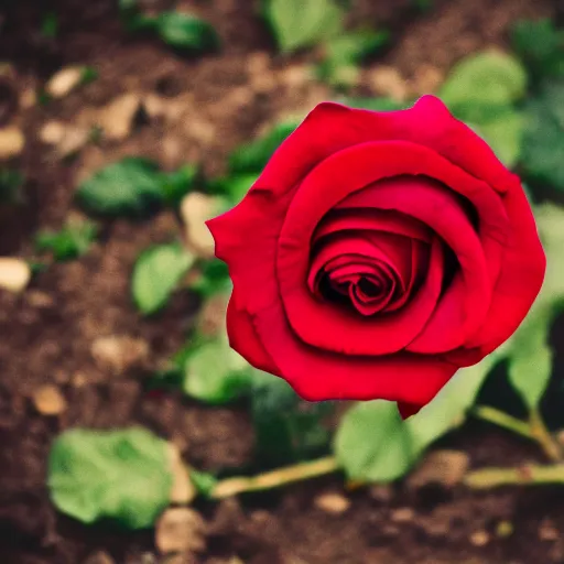 Prompt: a red rose, on a dirt grave, photography, faded