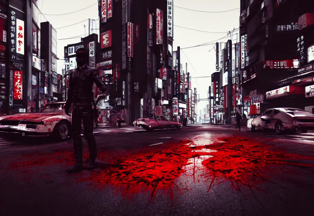 Image similar to tokyo city streets in blood, by cyberpunk style, max payne standing in blood, trending on artstation, cinematic, realistic buildings windows cars, realistic peoples, extreamly detailed, golden ratio, awesome greate composition, color balance harmony, physical correct light shadows, awesome exposition, like in real life, octane render 8 k, art by cd projekt red