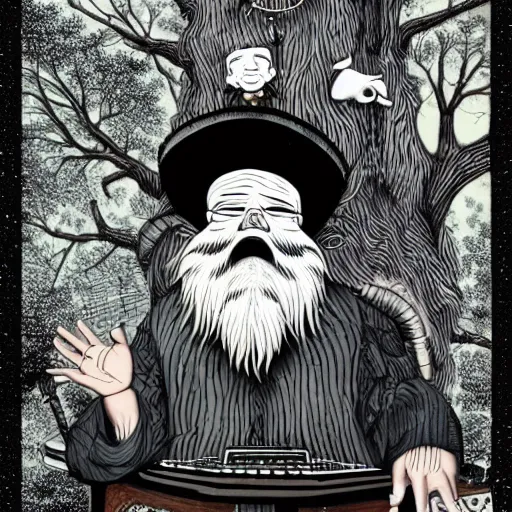 Image similar to old man white beard playing a synthesizer in a tree house, notes and clefs listening , lowbrow surrealistic, in the style of Mark Ryden,