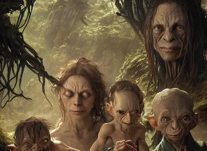 Image similar to a dramatic highly detailed render of Gollum family , Middle-earth , by WLOP and Artgerm and Greg Rutkowski and Alphonse Mucha, Beautiful dynamic dramatic dark moody lighting, shadows, cinematic atmosphere, Artstation, concept design art, Octane render, 8K, masterpiece, sharp focus, hyperrealistic