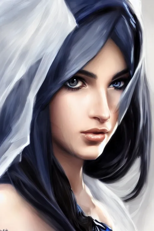 Image similar to Ameera al-Taweel, blue eyes, long wavy black hair, fierce look, white veil, closeup, focus face, elegant, highly detailed, centered, digital painting, artstation, concept art, art by artgerm