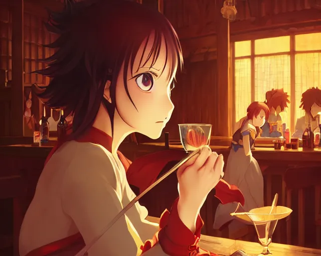 Image similar to anime visual, portrait of a young female traveler in a busy fantasy medieval tavern interior, cute face by yoh yoshinari, katsura masakazu, studio lighting, dynamic pose, dynamic perspective, strong silhouette, anime cels, ilya kuvshinov, cel shaded, crisp and sharp, rounded eyes