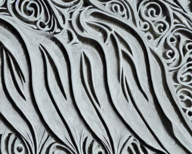 Prompt: wall craving filigree carved out of ivory about fishes fins scales, intricate insanely detailed, backlit subsurface scattering
