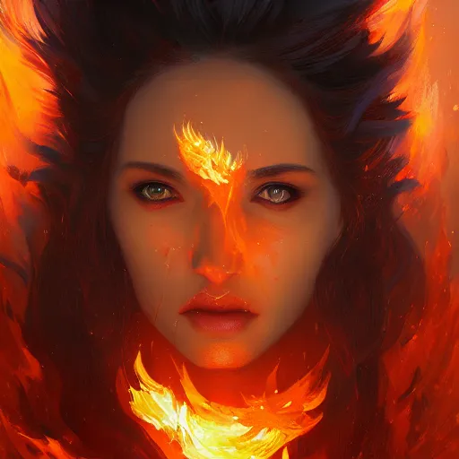 Image similar to a beautiful portrait of a fire goddess, flaming background, a detailed painting by greg rutkowski and raymond swanland, featured on cgsociety, fantasy art, detailed painting, artstation hd, photorealistic